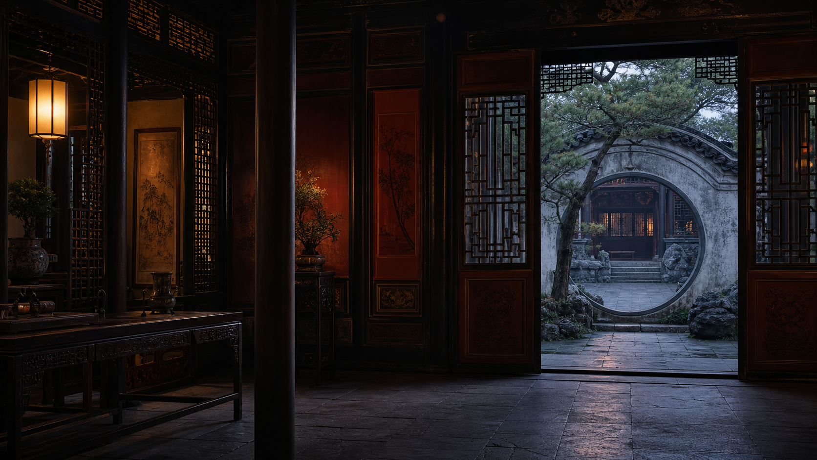 暮色中的中式木构厅堂与月门庭院